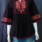 BLACK BOHO FLARED SLEEVES FLORAL EMBROIDERY COTTON TOP