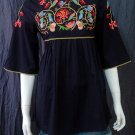 BLACK BABYDOLL BOHO FLARED SLEEVE FLORAL EMBROIDERY TOP