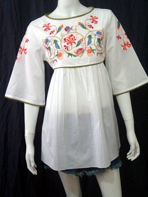 White BABYDOLL BOHO FLARED SLEEVE FLORAL EMBROIDERY TOP