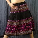 Black Gypsy Boho Tiered Pink Embroidery Sequins Drawstring Skirt