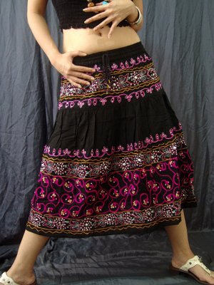 Black Gypsy Boho Tiered Pink Embroidery Sequins Drawstring Skirt