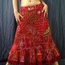 Red Viscose Gypsy Bohemian Ethnic Patchwork Sequins Drawstring Skirt