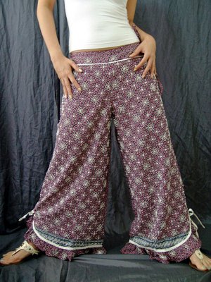 Purple Ethnic Boho Beaded Wide-legged Drawstring Long Pants