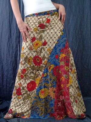 Handsewn beads! Beige Batik Boho Ethnic Floral Print Cotton Drawstring Long Skirt
