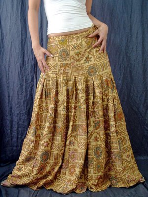 Handsewn beads! Light Brown Gypsy Boho Ethnic Floral Print Cotton Drawstring Long Skirt