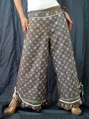 Dark Blue Ethnic Boho Beaded Wide-legged Drawstring Long Pants