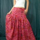 Handsewn beads! Pink Gypsy Boho Ethnic Floral Print Cotton Drawstring Long Skirt