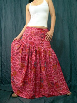 Handsewn beads! Pink Gypsy Boho Ethnic Floral Print Cotton Drawstring Long Skirt