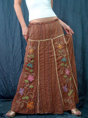 Brown Gypsy Foho Ethnic Floral Handsewn Beads Sequins Cotton Drawstring Long Skirt