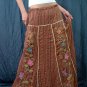 Brown Gypsy Foho Ethnic Floral Handsewn Beads Sequins Cotton Drawstring Long Skirt