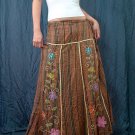Brown Gypsy Foho Ethnic Floral Handsewn Beads Sequins Cotton Drawstring Long Skirt