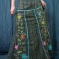 Green Gypsy Foho Ethnic Floral Handsewn Beads Sequins Cotton Drawstring Long Skirt