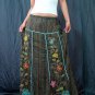 Green Gypsy Foho Ethnic Floral Handsewn Beads Sequins Cotton Drawstring Long Skirt