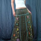 Green Gypsy Foho Ethnic Floral Handsewn Beads Sequins Cotton Drawstring Long Skirt