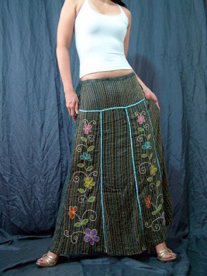 Green Gypsy Foho Ethnic Floral Handsewn Beads Sequins Cotton Drawstring Long Skirt