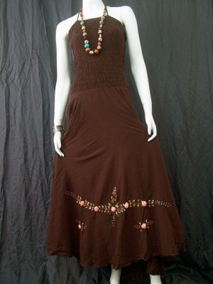 BROWN GYPSY FOHO PEACH FLORAL SMOCKED MAXI HALTER DRESS