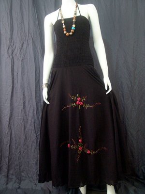 BLACK GYPSY FOHO DARK BROWN FLORAL SMOCKED MAXI HALTER DRESS