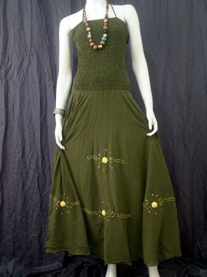 DARK GREEN GYPSY FOHO YELLOW FLORAL SMOCKED MAXI HALTER DRESS