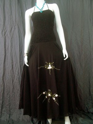 BLACK GYPSY FOHO WHITE FLORAL SMOCKED MAXI HALTER DRESS
