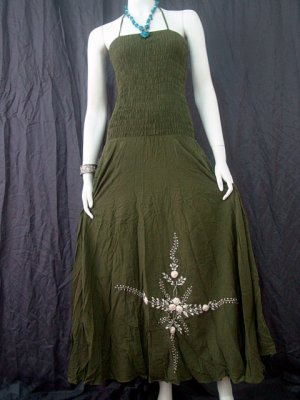 DARK GREEN GYPSY FOHO WHITE FLORAL SMOCKED MAXI HALTER DRESS