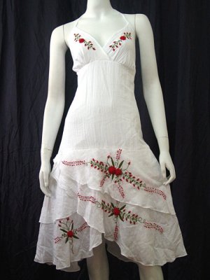 White Beach Resort Halter V-Neck Red Floral Cotton Dress