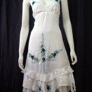 White Resort Halter V-Neck Blue Floral Cotton Pixel Hem Dress