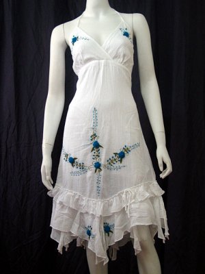 White Resort Halter V-Neck Blue Floral Cotton Pixel Hem Dress