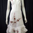 White Resort Halter V-Neck Red Floral Cotton Pixel Hem Dress