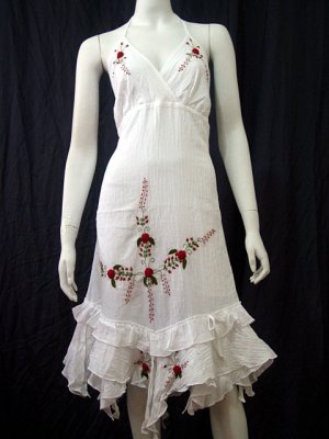 White Resort Halter V-Neck Red Floral Cotton Pixel Hem Dress