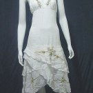 White Resort Beach Halter V-Neck Yellow Floral Cotton Tiered Dress
