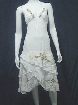 White Resort Beach Halter V-Neck Yellow Floral Cotton Tiered Dress