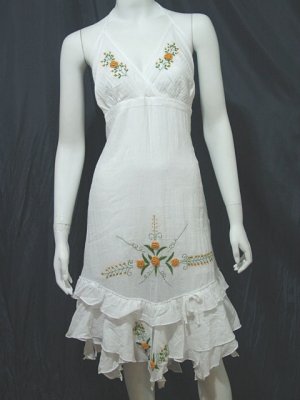 White Resort Halter V-Neck Yellow Floral Cotton Pixel Hem Dress