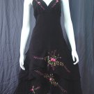 Black Resort Beach Halter V-Neck Pink Floral Cotton Tiered Dress
