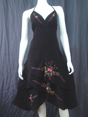 Black Resort Beach Halter V-Neck Pink Floral Cotton Tiered Dress