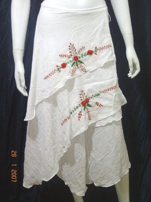 White Cotton Red Floral Embroidery Wraparound Resort Skirt/Top