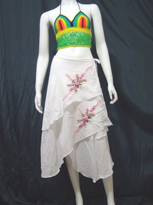 White Cotton Light Pink Floral Embroidery Wraparound Beach Skirt/Top