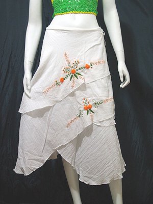 White Cotton Orange Floral Embroidery Wraparound Beach Skirt/Top
