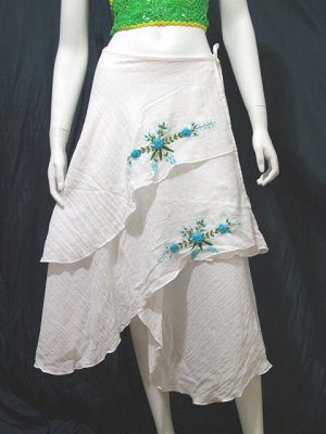 White Cotton Light Blue Floral Embroidery Beach Wraparound Skirt/Top