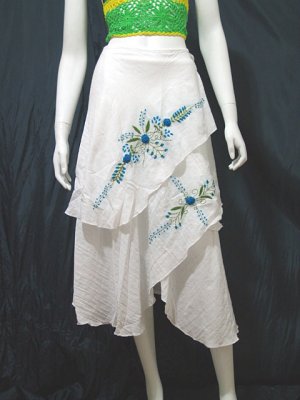 White Cotton Turq Blue Floral Embroidery Resort Wraparound Skirt/Top