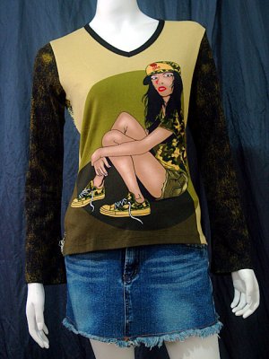 *Army Babe* VINTAGE ART PRINT FUNKY LONG SLEEVE TOP szM/sz2