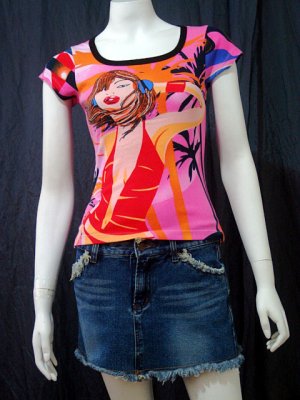 *Beach Babe*VINTAGE ART PRINT FUNKY SHORT SLEEVE TOP SZ S