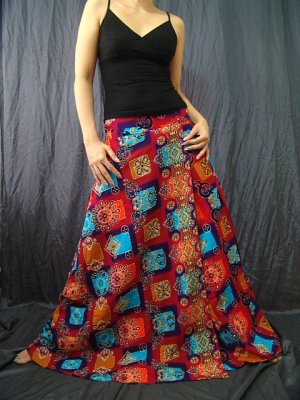 Patchwork Ethnic Graphic Floral Prints Handsewn Beads Cotton Wraparound Long Skirt