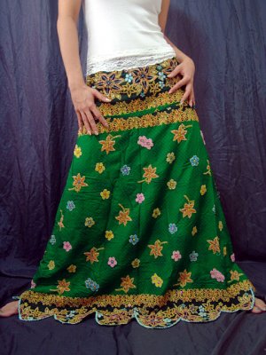 Green Batik Floral Print Handsewn Beaded Sequins Long Skirt