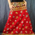 Red Batik Floral Print Handsewn Beaded Sequins Long Skirt