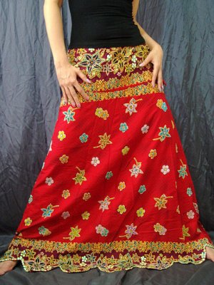 Red Batik Floral Print Handsewn Beaded Sequins Long Skirt