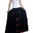 Black 4-tiered Boho Red Floral Embroidery Cotton Drawstring Long Skirt / Tube Dress
