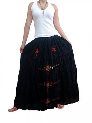 Black 4-tiered Boho Red Floral Embroidery Cotton Drawstring Long Skirt / Tube Dress