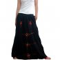 Black 4-tiered Boho Red Floral Embroidery Cotton Drawstring Long Skirt / Tube Dress