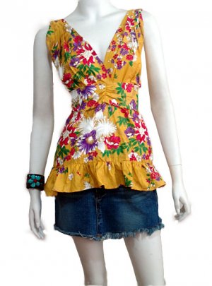 YELLOW V-NECK RUFFLES HEMLINE BABYDOLL BLOUSE