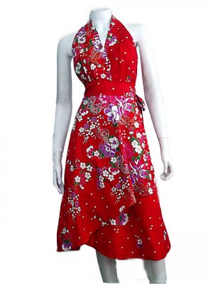 RED RUFFLES V-NECK FLORAL HALTER WEDDING WRAP DRESS